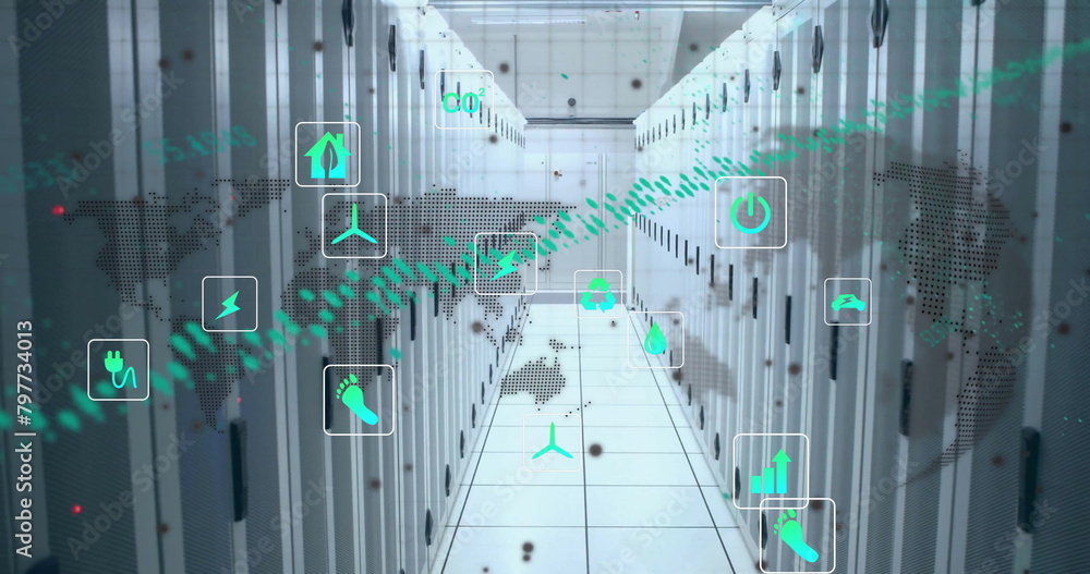 Fototapeta premium Image of eco icons and data processing over computer servers