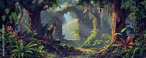 Pixel art lush rainforest with a hidden temple and exotic animals