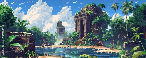 Pixel art lost civilization jungle ruins exploration with archaeologists and ancient traps
