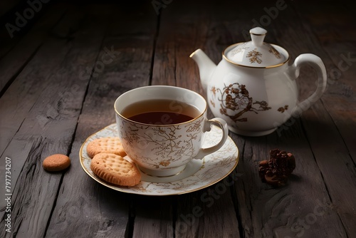 cup of tea and teapot with cookies on wooden background, cup of tea and cookies
