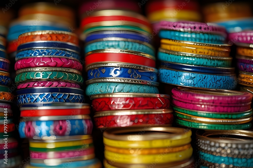 There are rows of traditional, vibrant glass bracelets and bangles on display for purchase.Indian traditional jewelry store selling bangles