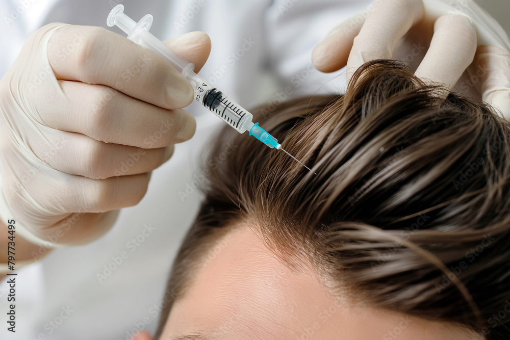 Close-up photo of a man being given injections into his scalp by a trichologist to combat hair loss. Prevention of hair loss, trichology, alopecia. Close-up photo of a man being given injections into his scalp by a trichologist to combat hair loss. Prevention of hair loss, trichology, alopecia.