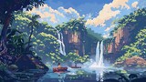 Pixel art tropical jungle exploration with waterfalls, canoes, and explorers