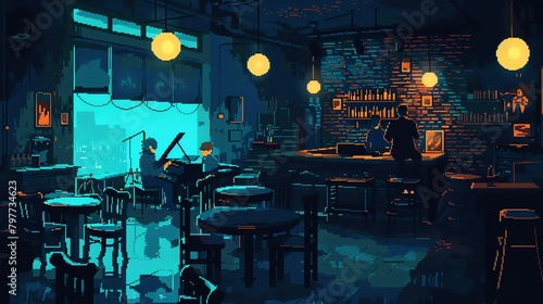 Pixel art underground jazz bar with a live band and an intimate audience