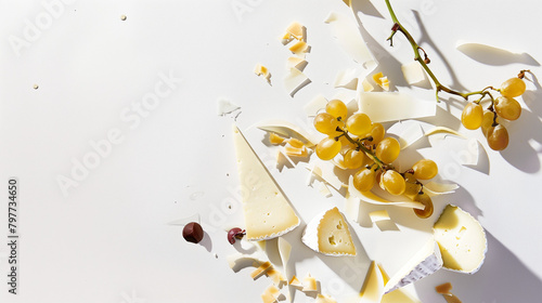 Sophisticated image of artisanal cheese selection and ripe grapes on white background  ideal for gourmet food ads  culinary blogs  or wine and cheese pairing guides.