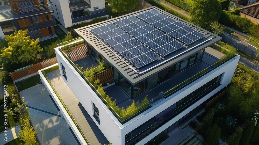 Highangle view of a modern architectural masterpiece, roof equipped with ecofriendly solar panels Highangle view of a modern architectural masterpiece, roof equipped with ecofriendly solar panels