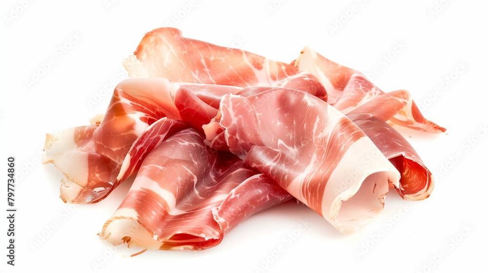 Indulge in the exquisite allure of prosciutto with this captivating image, showcasing a perfectly sliced portion of cured meat against a pristine white background. Indulge in the exquisite allure of prosciutto with this captivating image, showcasing a perfectly sliced portion of cured meat against a pristine white background.