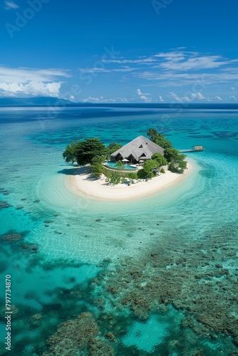 Luxury resort on a private island, white sandy beaches meeting clear waters, all under a bright blue sky