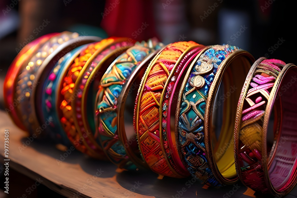 There are rows of traditional, vibrant glass bracelets and bangles on display for purchase.Indian traditional jewelry store selling bangles