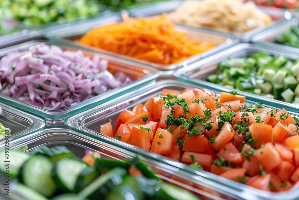 A variety of colorful fresh vegetables neatly arranged in metal containers at a well-lit salad bar.