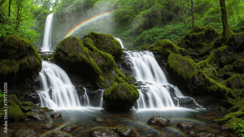 幻想のオアシス：滝と虹が織りなす森の風景 photo
