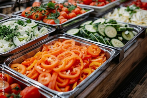 Assorted fresh vegetables in metal trays at a salad bar including tomatoes, bell peppers, cucumbers, and greens. © vachom