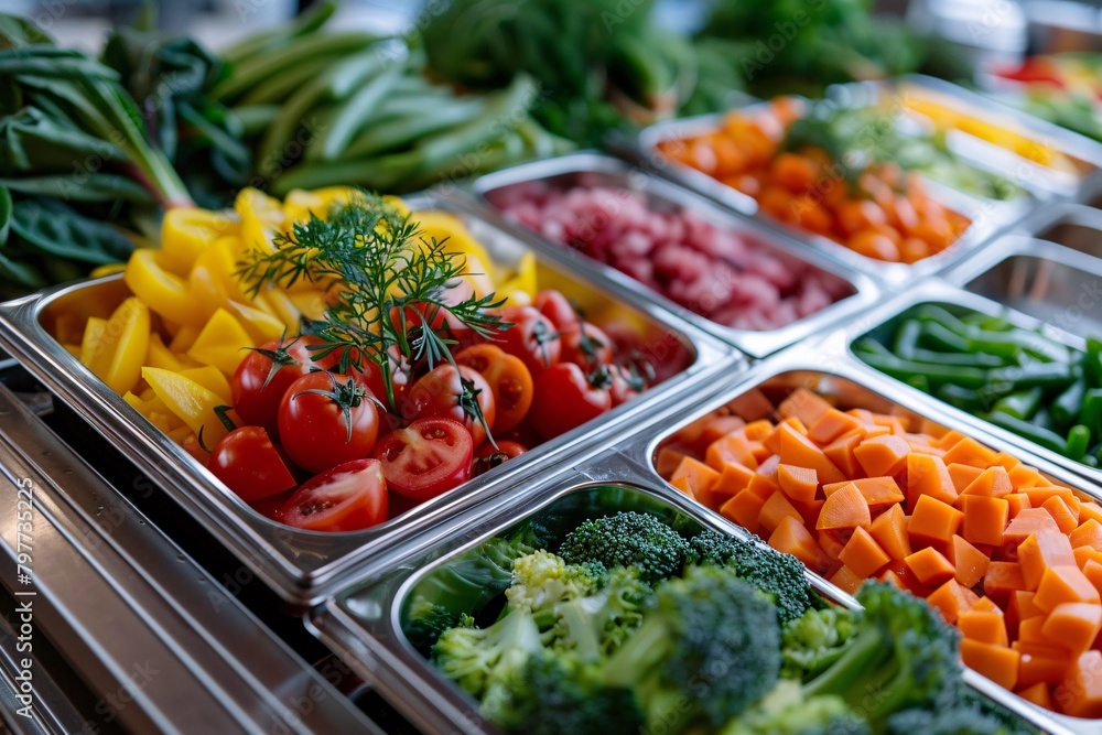 Colorful fresh vegetables neatly arranged in metal containers at a salad bar, showcasing a variety of choices including tomatoes, carrots, and greens.