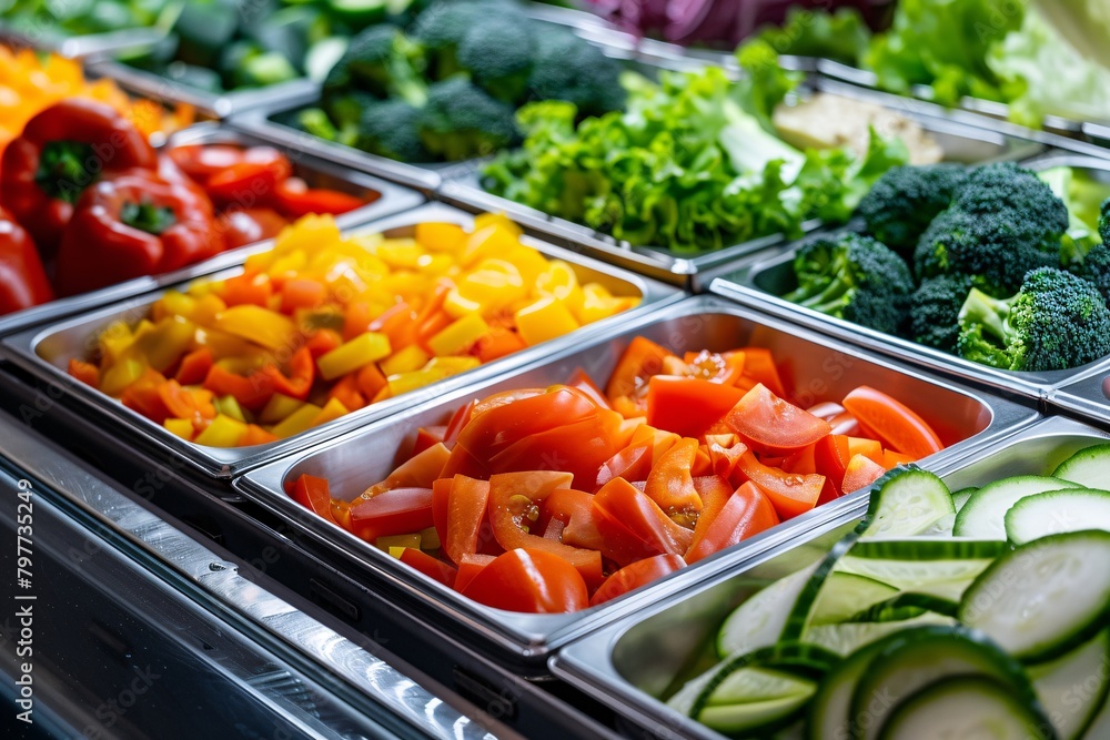 A vibrant display of freshly chopped vegetables in a restaurant's salad bar, featuring tomatoes, cucumbers, and peppers.