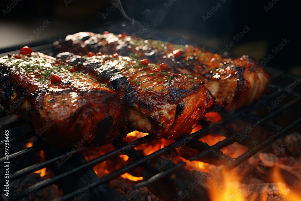 Grilled meat on a barbecue, detailed with herbs and spices, over glowing charcoal embers and flames. Grilled meat on a barbecue, detailed with herbs and spices, over glowing charcoal embers and flames.