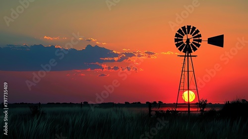 Windmill silhouette on a green and yellow sunset