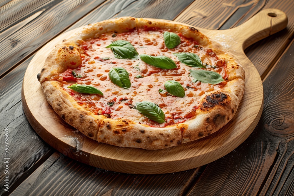 Baked Freshly Pizza on Rustic Wooden Board with Delicious Margarita and Basil