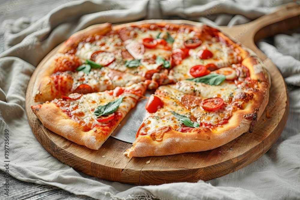 Freshly Baked Pizza Presentation on Rustic Wooden Board with Fast and Tasty Snack Appeal