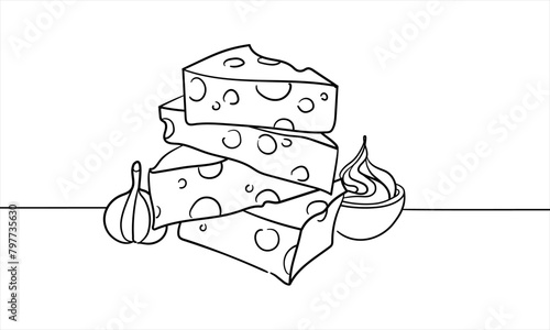 Cheese isolated on white background. Food line art drawing. Vector illustration