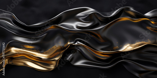 Glänzender wellig geschwungener Kunststoff in gold mit schwarz als Hintergrundmotiv und Druckvorlage, ai generativ