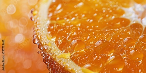 Close-up of a fresh, juicy orange slice covered in tiny water droplets, with a vibrant orange, blurred background.
