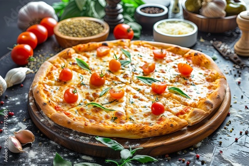 Wallpaper Mural Baked Freshly Pizza: Rustic Dinner Setting Feat. Cheesy Hot Snack Adorned with Fresh Ingredients Torontodigital.ca