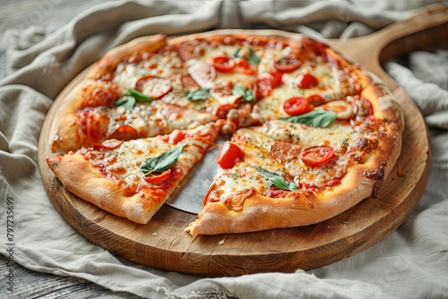 Freshly Baked Pizza Presentation on Rustic Wooden Board with Fast and Tasty Snack Appeal