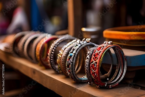 There are rows of traditional, vibrant glass bracelets and bangles on display for purchase.Indian traditional jewelry store selling bangles photo
