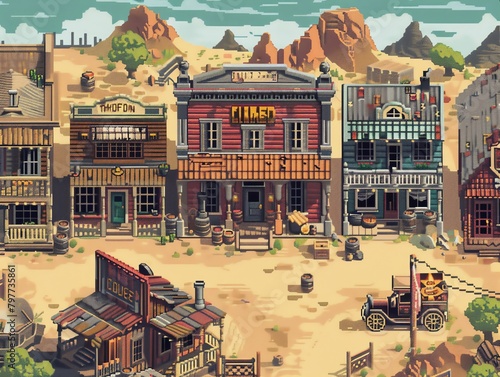 Pixelated wild west town with saloon brawls, poker games, and horse chases photo