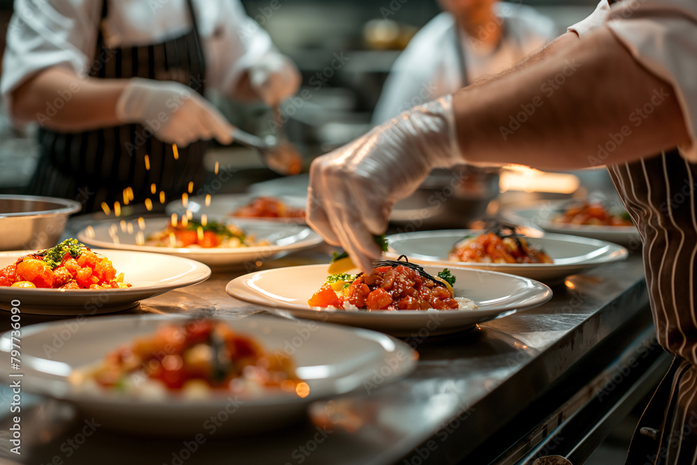 Chefs wearing aprons and gloves meticulously garnishing dishes in a professional kitchen Chefs wearing aprons and gloves meticulously garnishing dishes in a professional kitchen