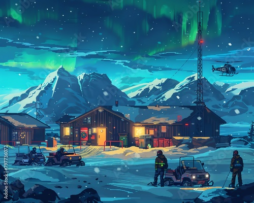 Retro pixel art Arctic research station with scientists, snowmobiles, and aurora borealis