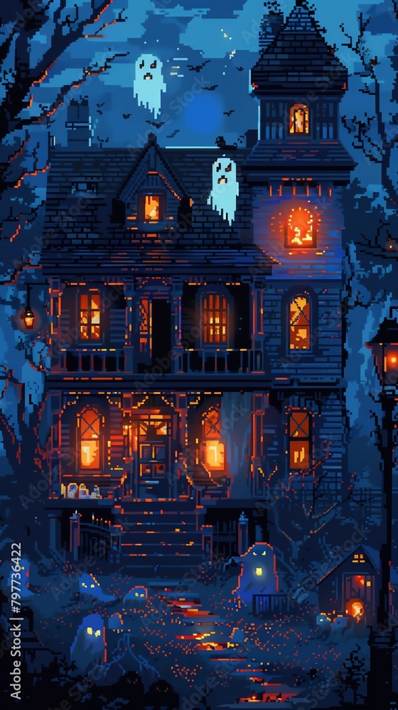 Retro pixel art haunted house with ghosts floating and eerie lights Retro pixel art haunted house with ghosts floating and eerie lights