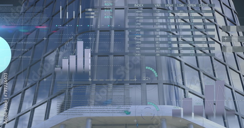 Image of financial data processing over skyscraper