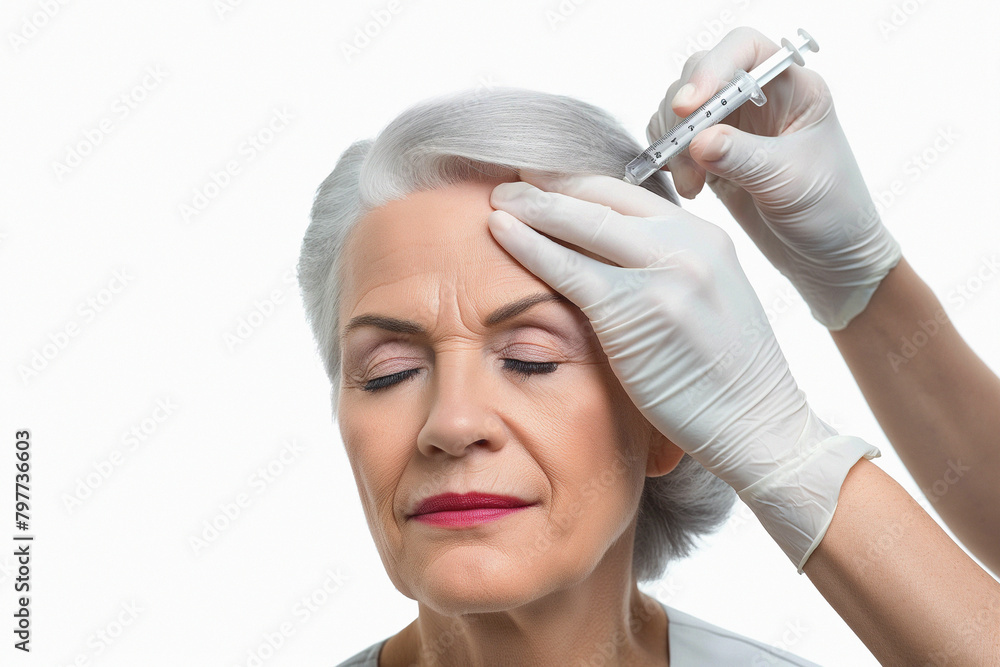 Fototapeta premium Photo of an elderly woman being given hair injections into the scalp by a trichologist, prevention of hair loss, trichology, alopecia, beauty, health.
