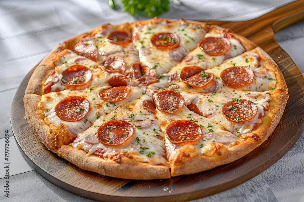 Tasty Pepperoni Pizza Meal: Baked, Freshly Hot and Tasty � Fast, Delicious Dinner Idea with Cheese Composition