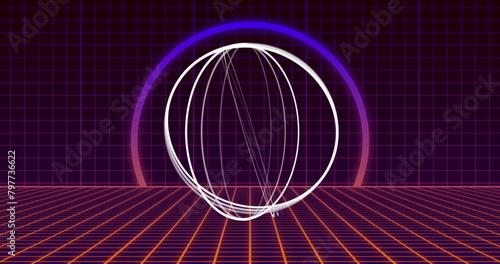 Image of multiple white circles spinning on seamless loop with pink to purple neon and grid