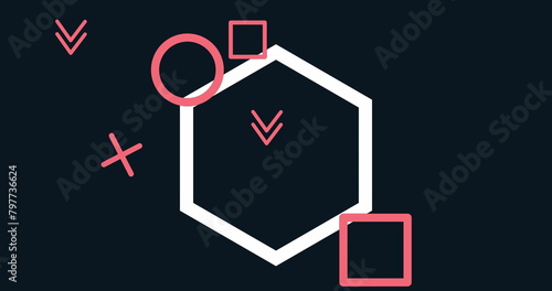 Image of multiple white hexagons spinning on seamless loop with pink shapes on black background