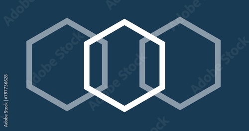 Image of multiple white hexagons spinning on seamless loop on blue background