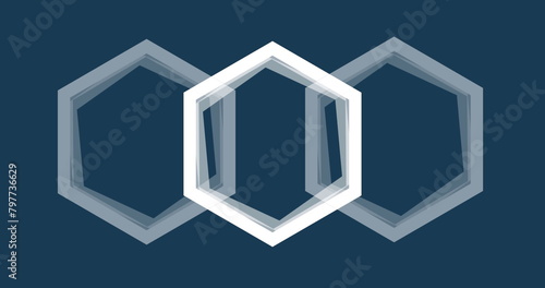 Image of multiple white hexagons spinning on seamless loop on blue background