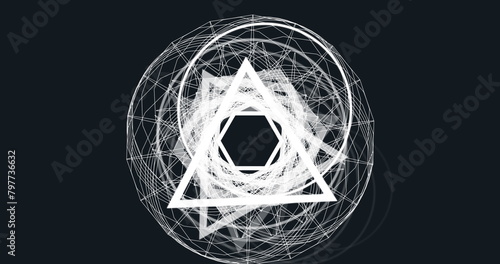 Image of multiple white geometric figures spinning on seamless loop over on black background