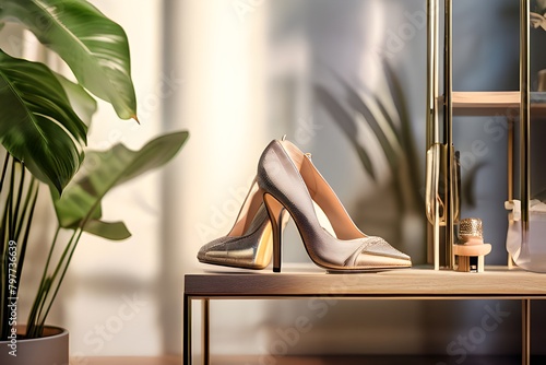 A modern women's clothes store's interior design. incredibly lifelike backdrop for photos.An up-close view of a woman wearing metallic high-heeled shoes. Ideal for designs and ideas pertaining to fash photo