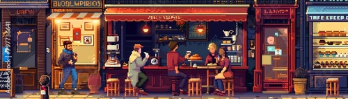Retro pixel art Paris cafe scene with artists, pastries, and coffee drinkers photo