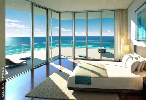 Tranquil bedroom with beautiful ocean backdrop, Relaxing bedroom with panoramic ocean vista, Serene ocean view from bedroom with expansive windows. © Sunny ART