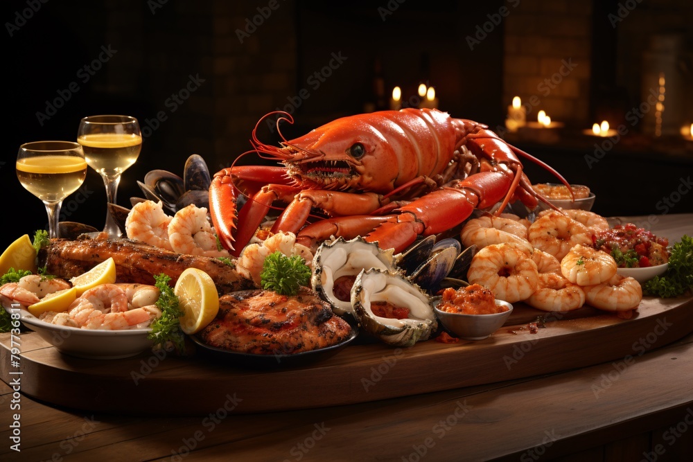 A lavish seafood platter featuring lobster, shrimp, oysters, and grilled fish, served with lemon slices and glasses of white wine.