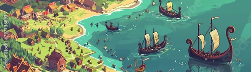 Retro pixel art Viking raid with longboats landing and villagers defending