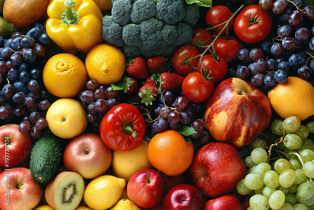 A vibrant array of fresh fruits and vegetables including oranges, tomatoes, grapes, and bell peppers.
