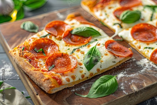 Baked Pepperoni Pizza: The Perfect Slice for Fast Snack; Hot, Delicious, Cheesy with Mozzarella and Basil