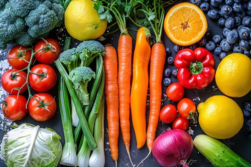 Vibrant assortment of fresh vegetables and fruits neatly arranged on a dark surface  showing a variety of colors and textures.