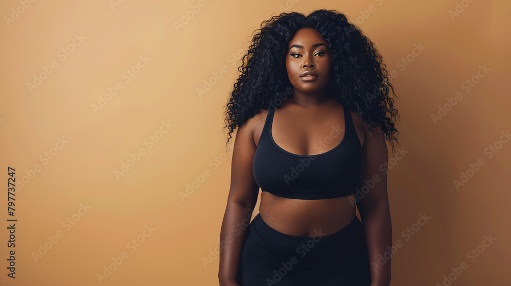 a body positive photo of a beautiful black woman in lengerie with extra weight on beige background a body positive photo of a beautiful black woman in lengerie with extra weight on beige background