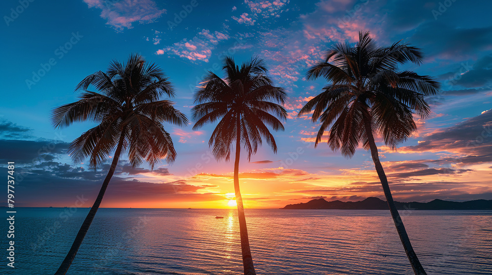silhouettes of palm trees swaying in the gentle breeze against the backdrop of a breathtaking sunrise over the ocean